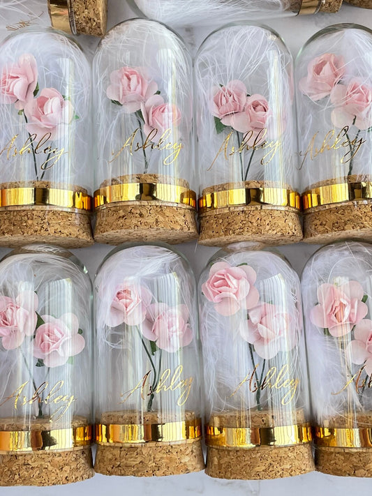 10 pcs Glass Dome Favor with feather and paper roses